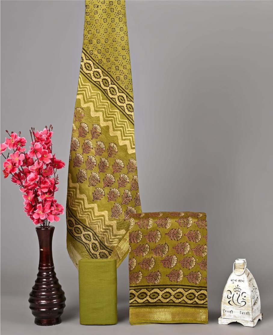 Exclusive Hand Block Printed Pure Maheshwari Border Silk Suit Set with Cotton Bottom