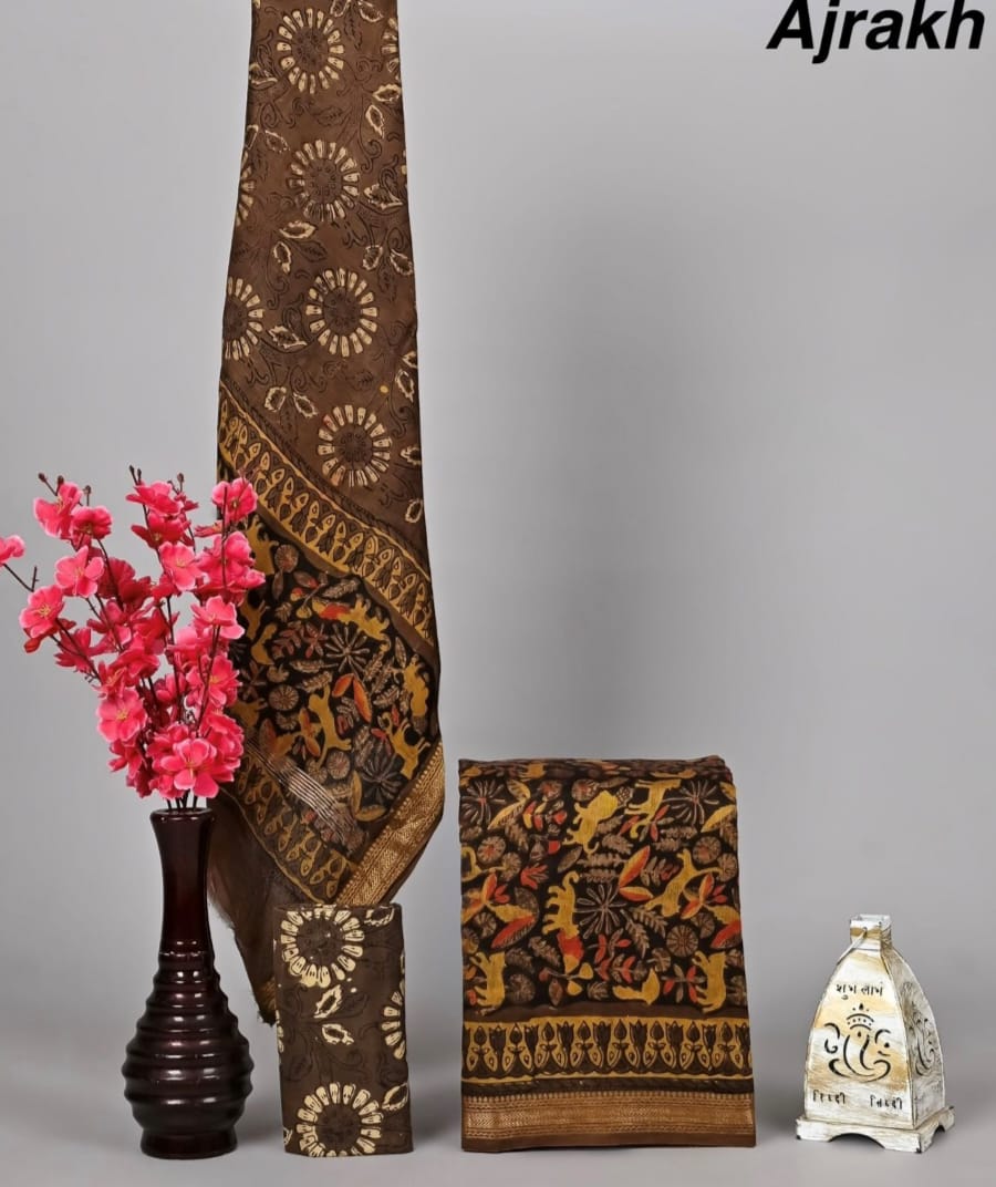 Exclusive Hand Block Printed Pure Maheshwari Border Silk Suit Set with Cotton Bottom