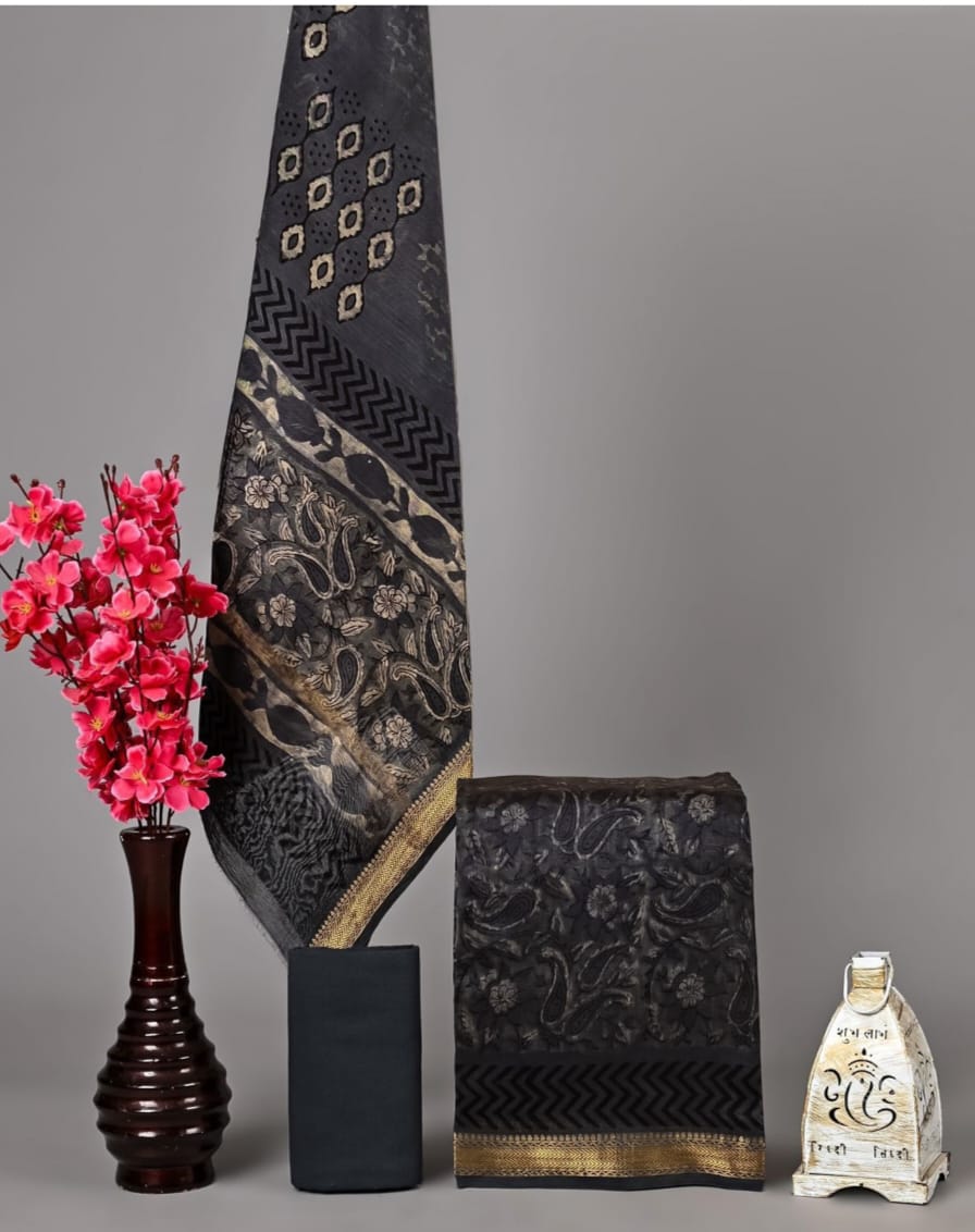 Exclusive Hand Block Printed Pure Maheshwari Border Silk Suit Set with Cotton Bottom