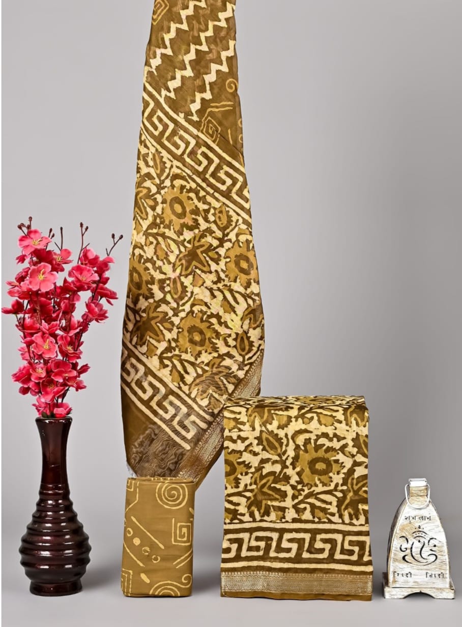 Exclusive Hand Block Printed Pure Maheshwari Border Silk Suit Set with Cotton Bottom