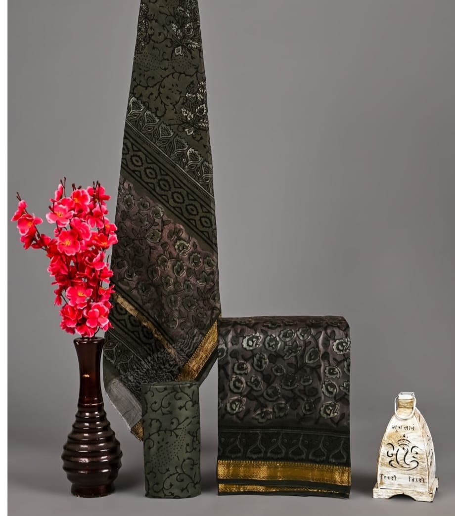 Exclusive Hand Block Printed Pure Maheshwari Border Silk Suit Set with Cotton Bottom