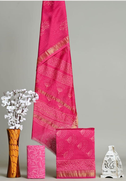 Exclusive Hand Block Printed Pure Maheshwari Border Silk Suit Set with Cotton Bottom